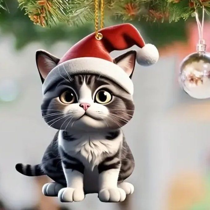 Décoration chat au bonnet de père noel rouge.