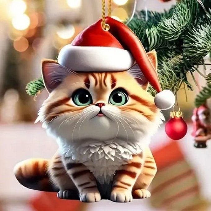 Décoration chat au bonnet de père noel rouge.