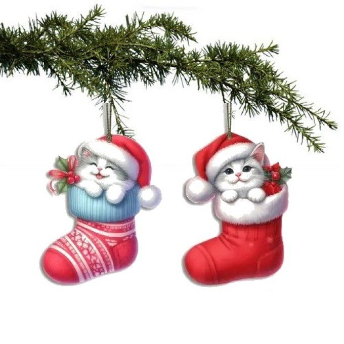 Ensemble de 2 décorations de noel chat dans sa botte rouge