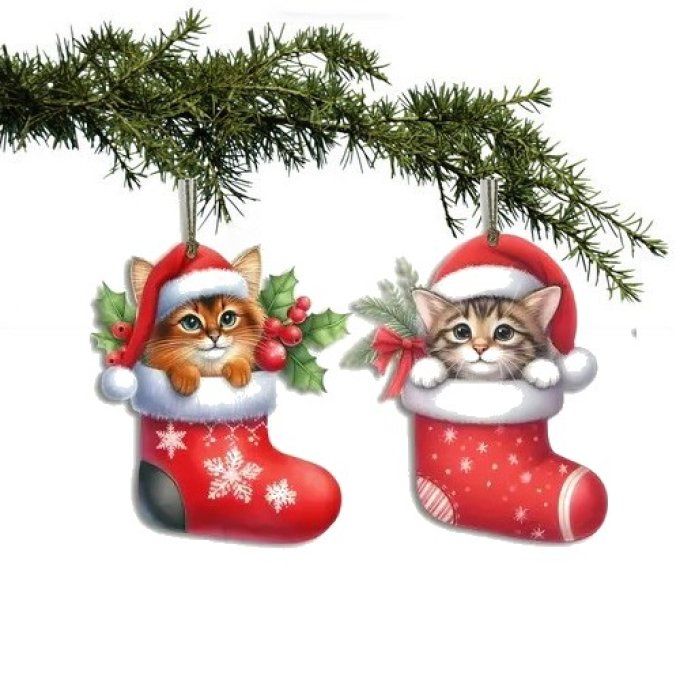 Ensemble de 2 décorations de noel chat dans sa botte rouge