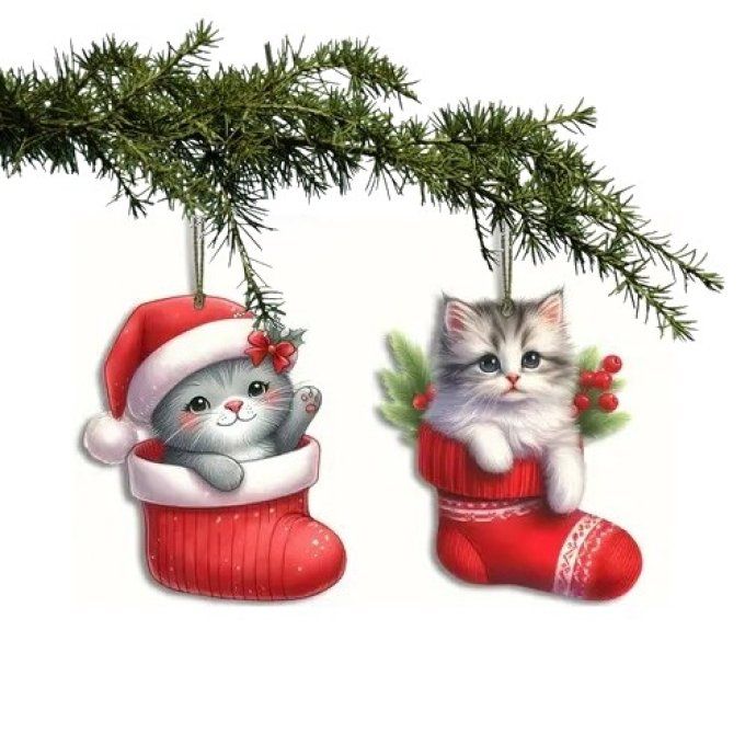 Ensemble de 2 décorations de noel chat dans sa botte rouge