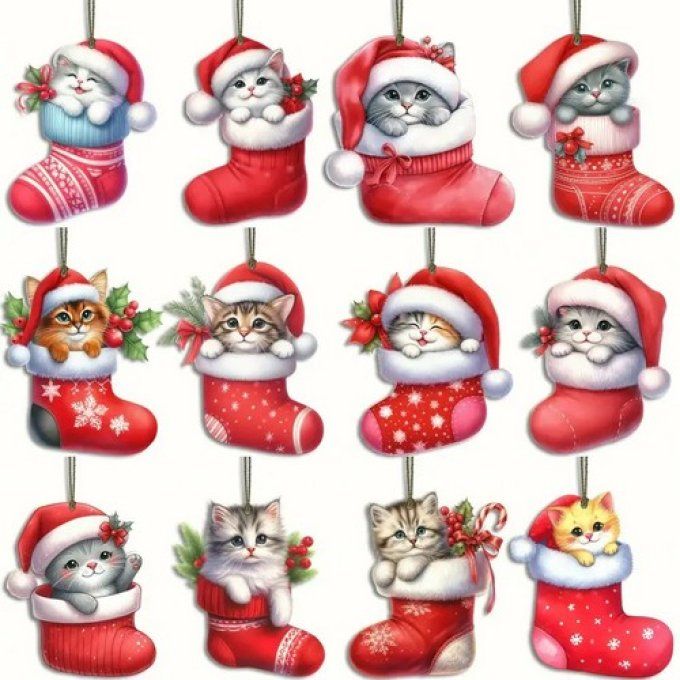 Ensemble de 2 décorations de noel chat dans sa botte rouge
