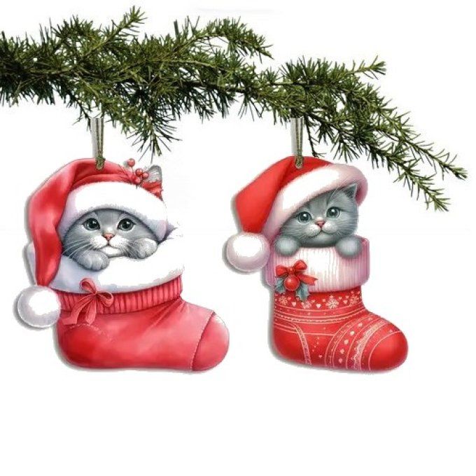 Ensemble de 2 décorations de noel chat dans sa botte rouge
