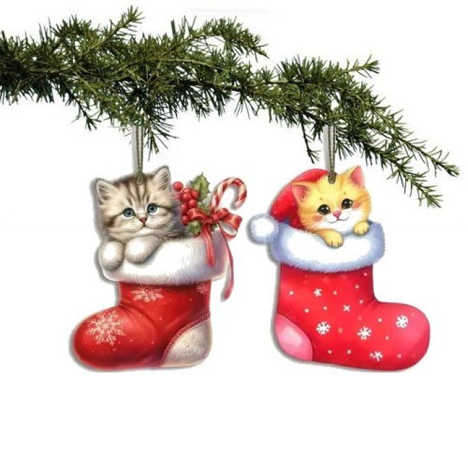 Ensemble de 2 décorations de noel chat dans sa botte rouge