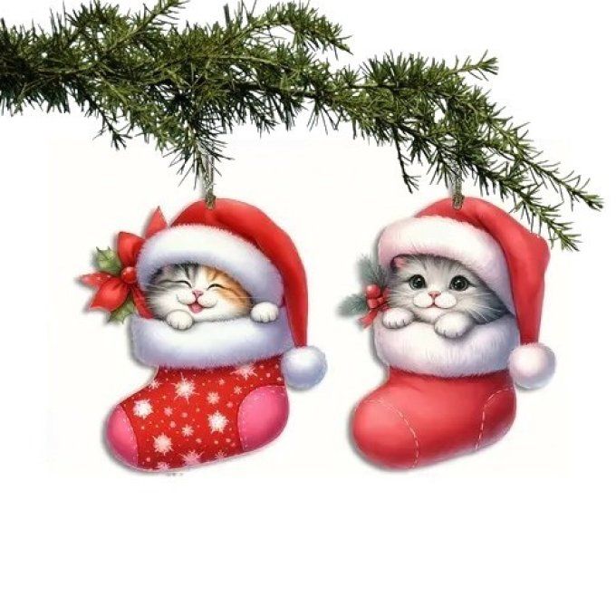 Ensemble de 2 décorations de noel chat dans sa botte rouge