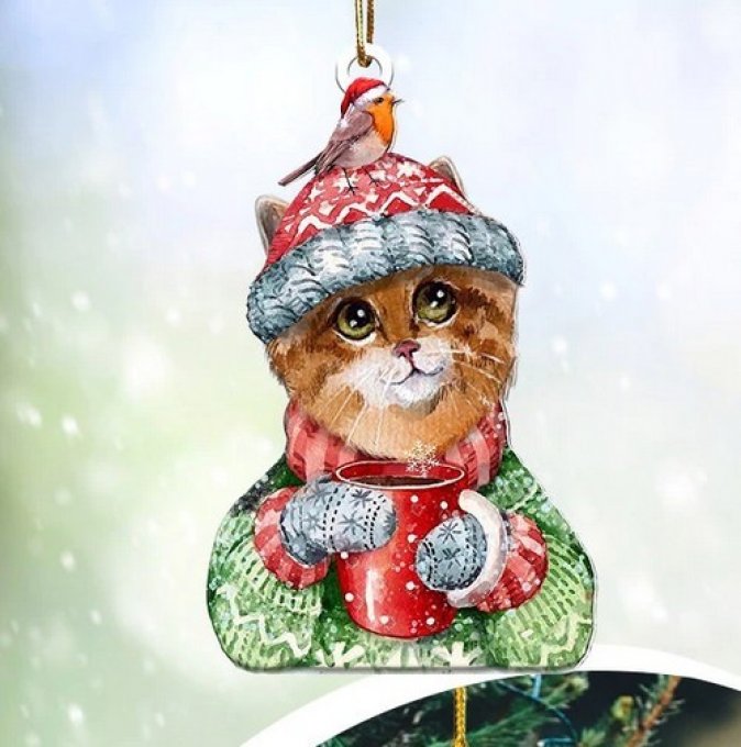 Décoration de noel en acrylique le chat et l'oiseau.