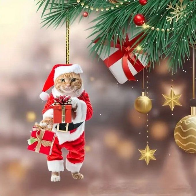 Décoration chat roux en père noel