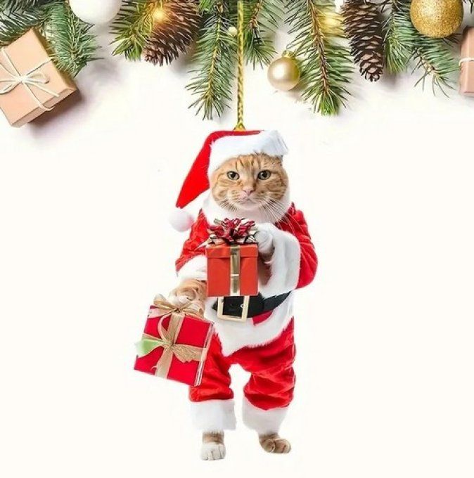 Décoration chat roux en père noel