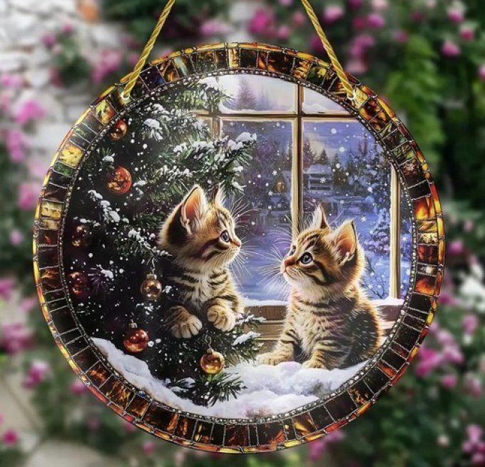 Décoration de noel à suspendre avec de mignons chatons à la fenêtre .