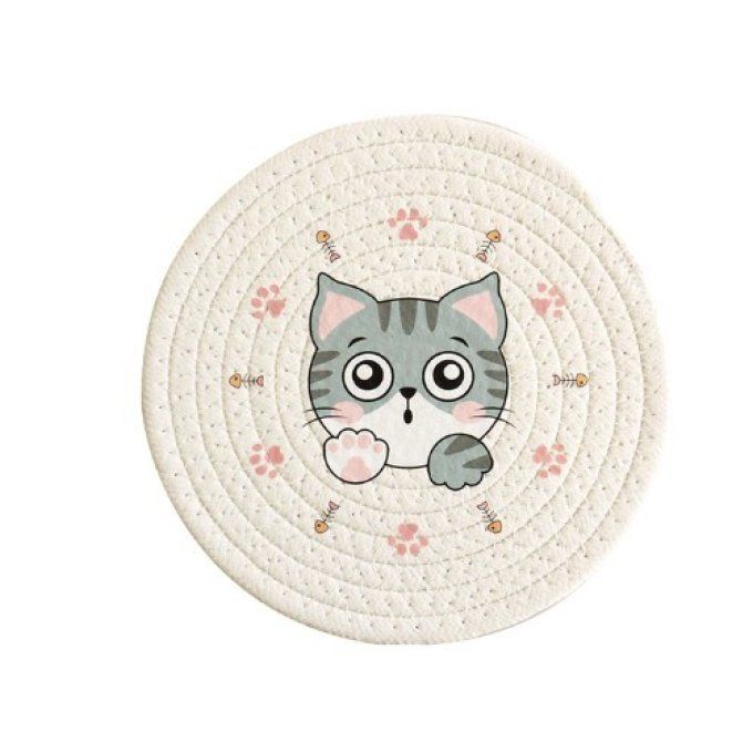 Sous-tasse motif chat isolant en coton tissé.