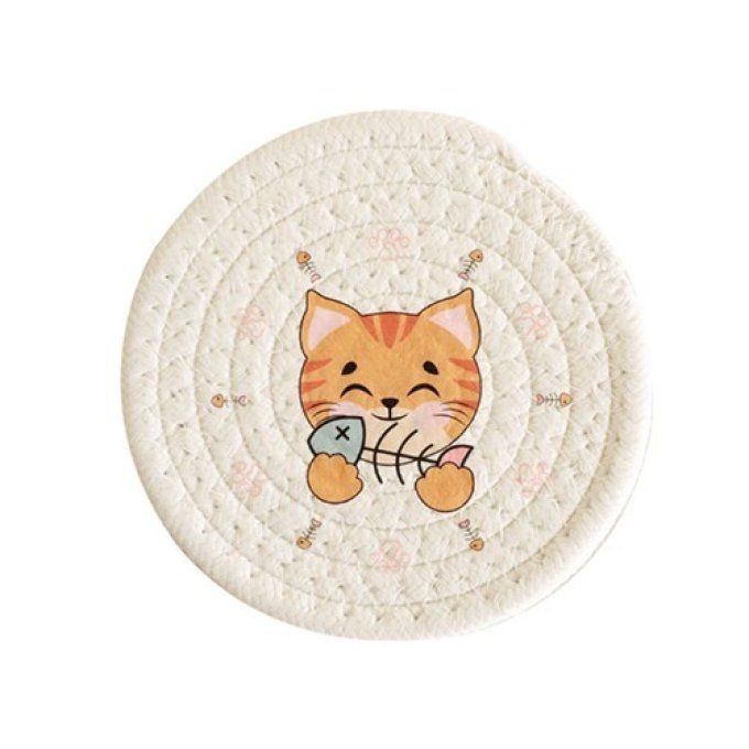 Sous-tasse motif chat isolant en coton tissé.