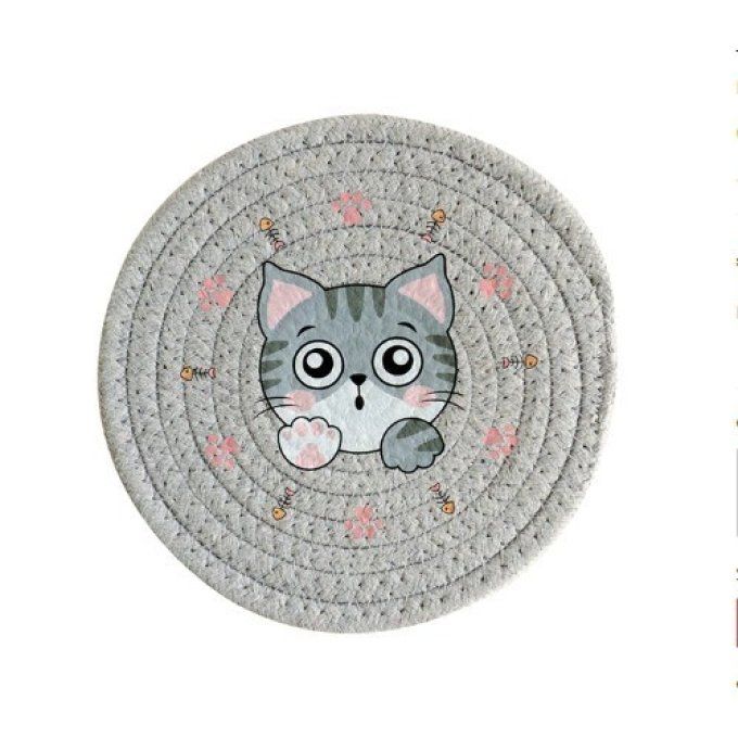 Sous-tasse motif chat isolant en coton tissé.