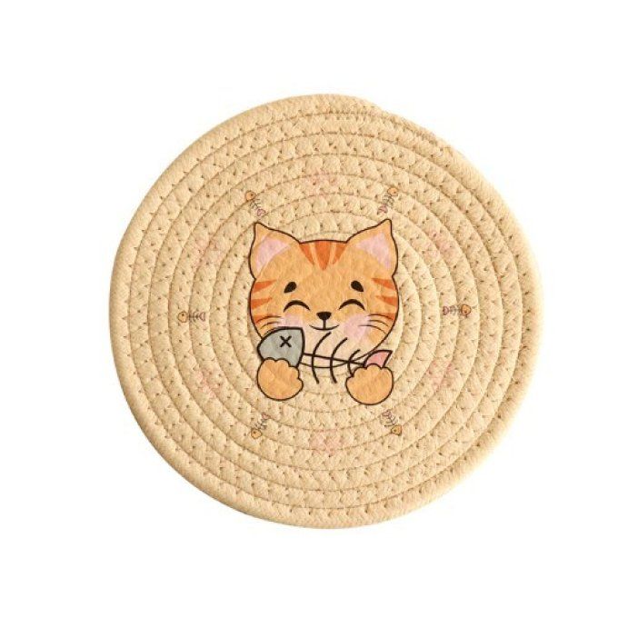 Sous-tasse motif chat isolant en coton tissé.