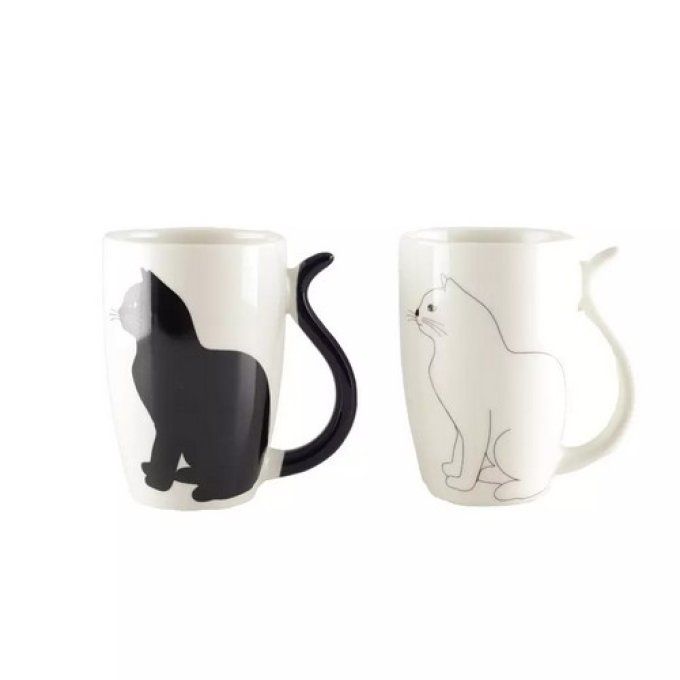Lot de 2 tasses chat noir et blanc avec anse en forme de queue