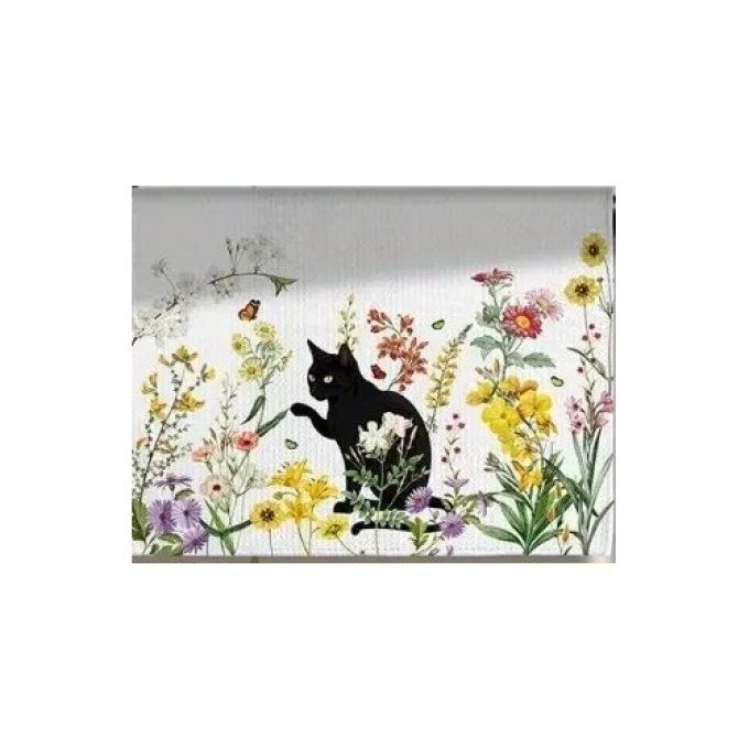 Torchon chat noir dans les fleurs