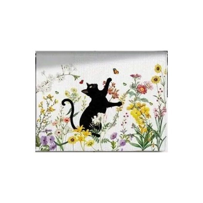 Torchon chat noir dans les fleurs