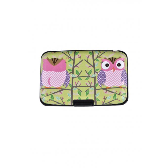 étui porte-carte décor hibou rose et violet