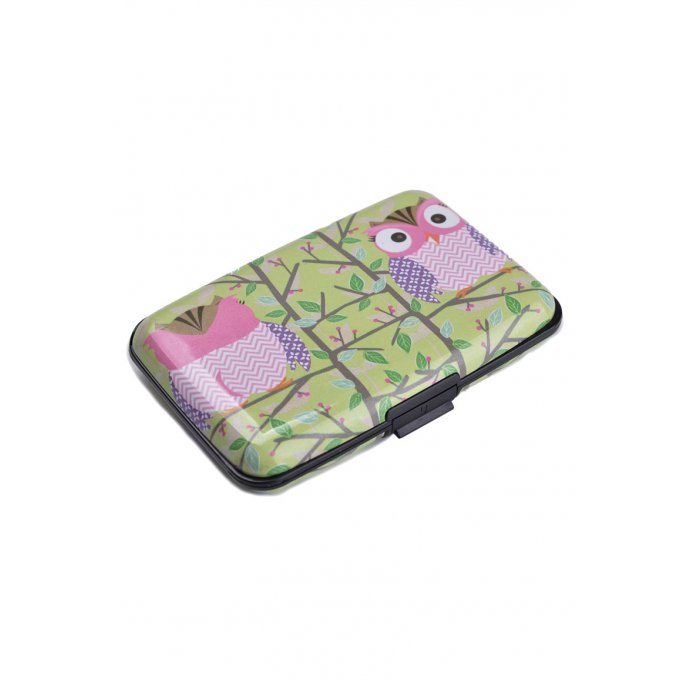 étui porte-carte décor hibou rose et violet