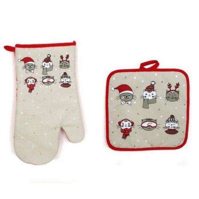 Set gant de cuisine et manique en coton imprimé Funny Cats