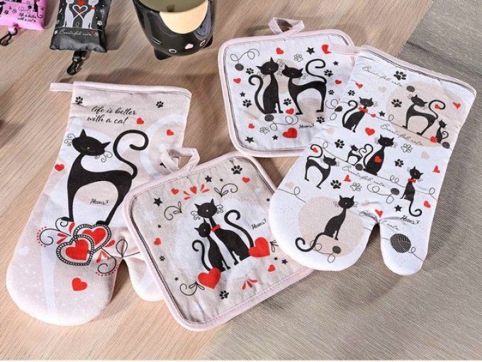 Gant et manique motif chats pretty cat