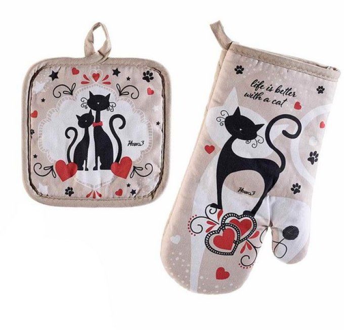 Gant et manique motif chats pretty cat