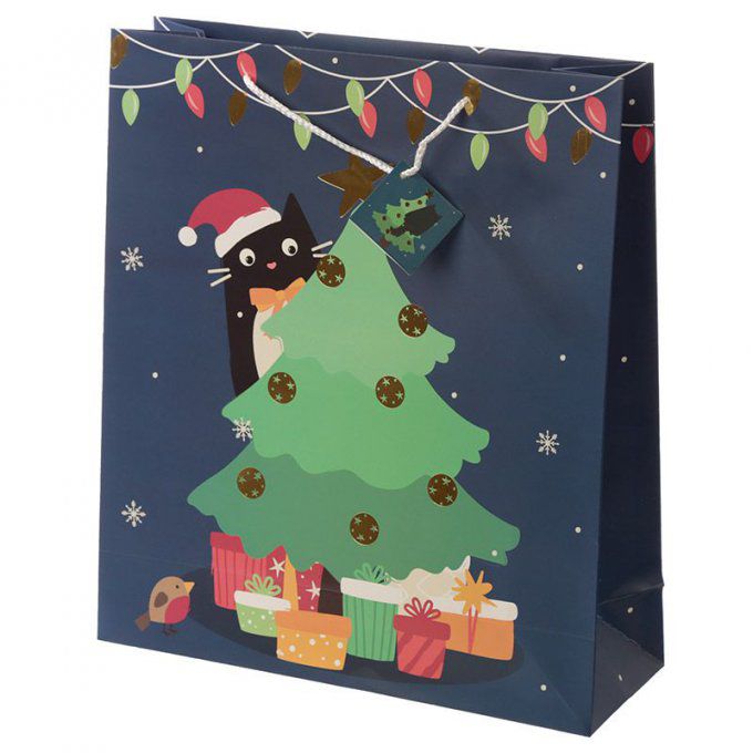 Sac cadeau de noël chat et sapin vert