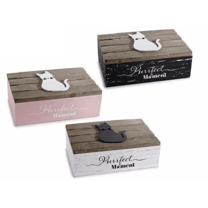 Boîte à thé chat en bois gaufré "Jolis Chats.