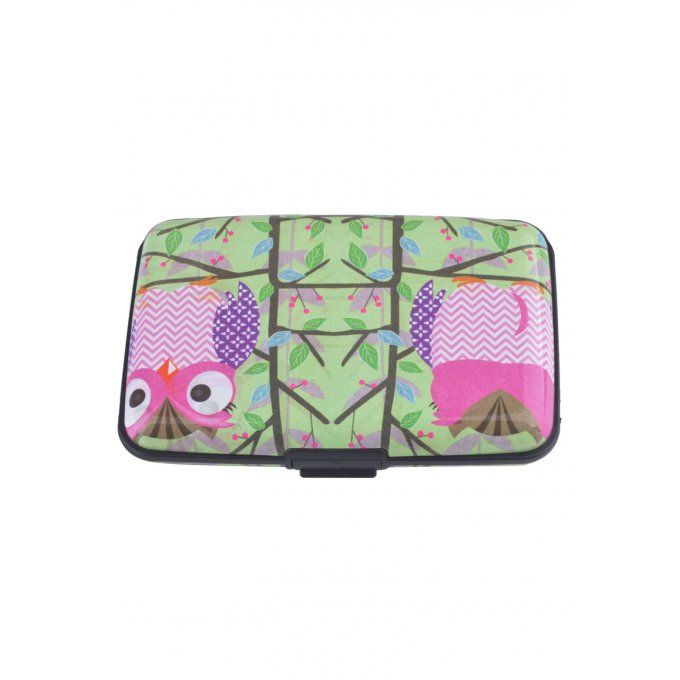 étui porte-carte décor hibou rose et violet