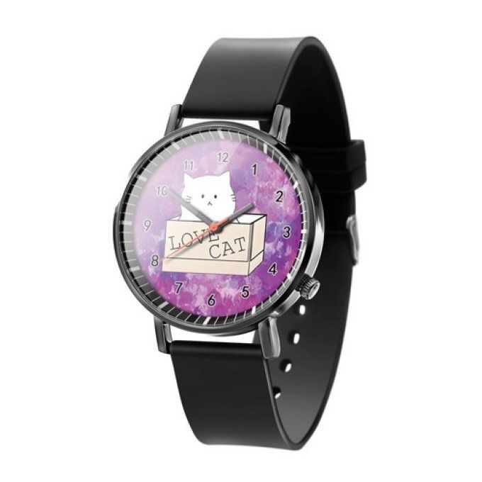 Montre chat curieux avec bracelet noir.