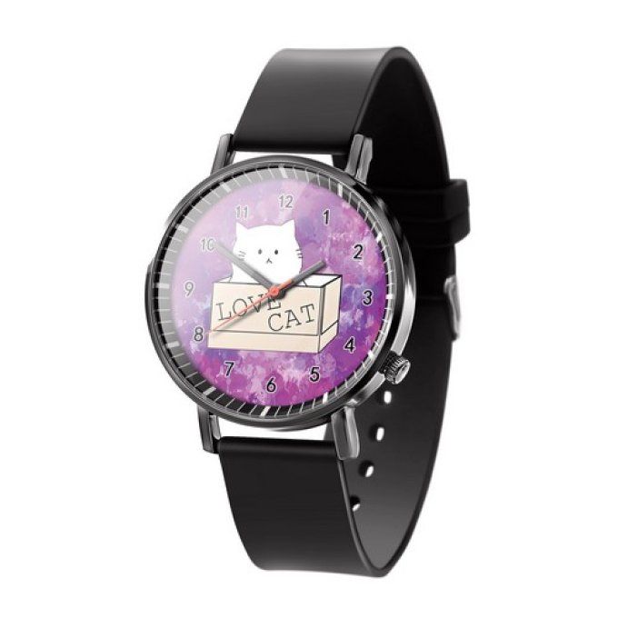 Montre chat curieux avec bracelet noir.