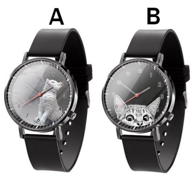 Montre chat gris avec bracelet noir.