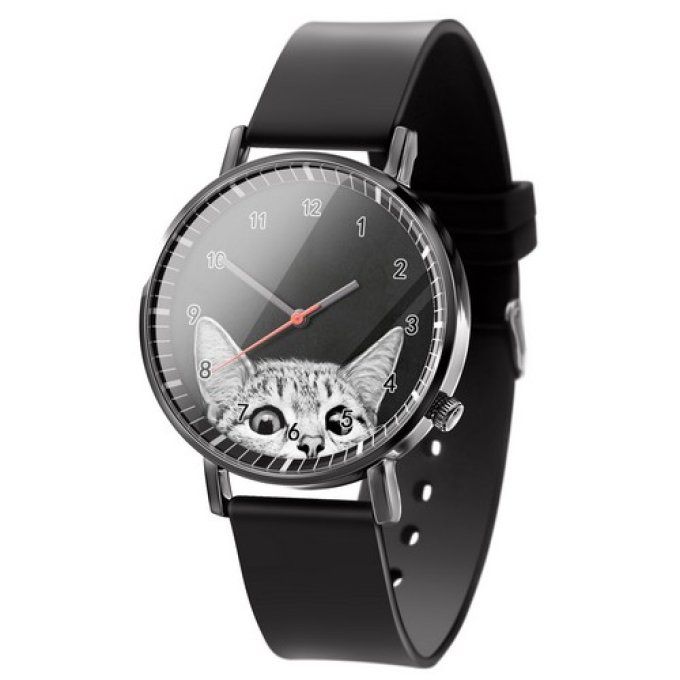 Montre chat gris avec bracelet noir.