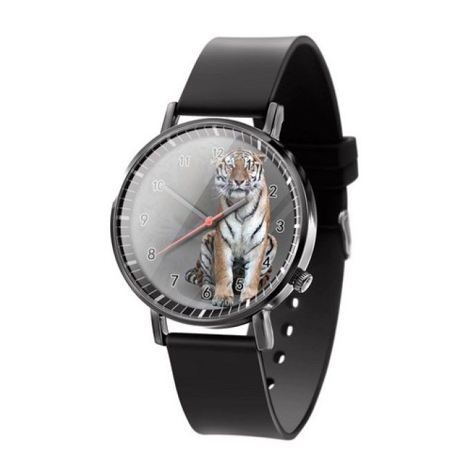 Montre motif tigre et bracelet noir.