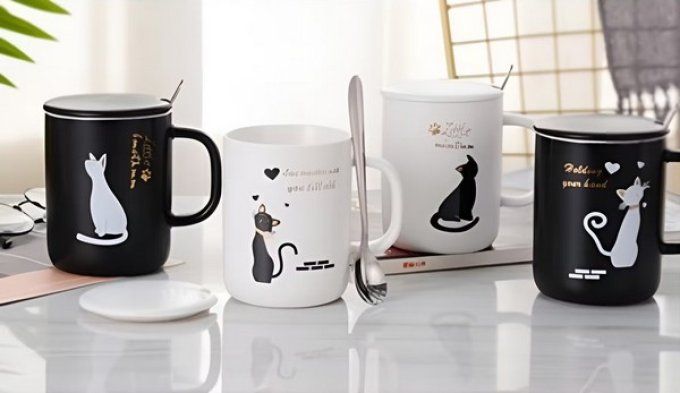 Tasse chat noir ou blanc assis et sa cuillère.
