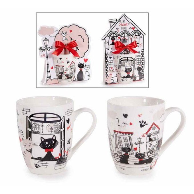 Tasse en porcelaine décorées avec motif de chat avec boîte cadeau .