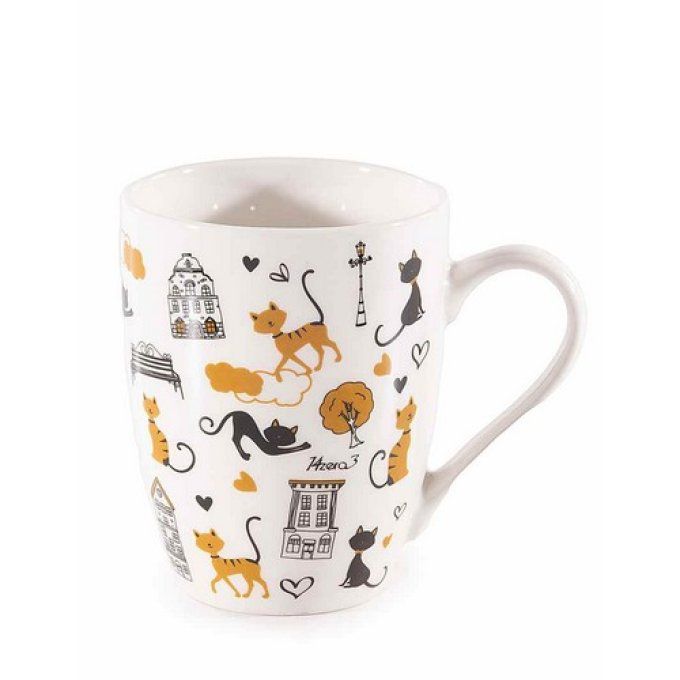 Tasse en porcelaine dans une boîte cadeau en forme de chat avec un noeud doré