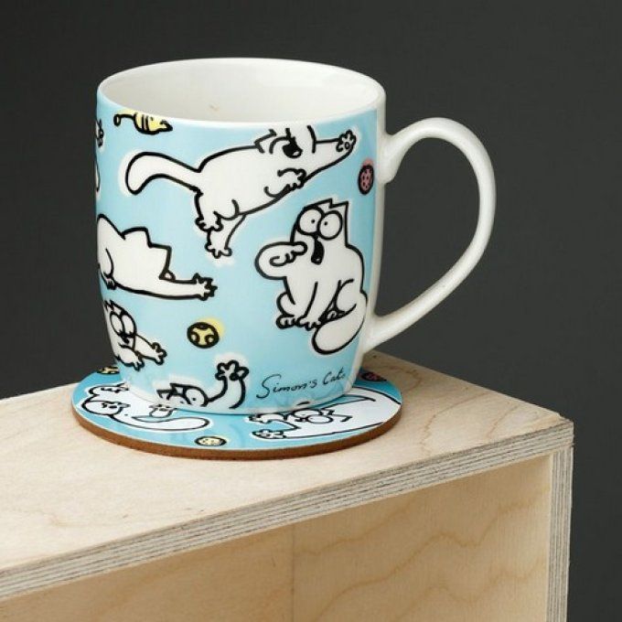 Mug et sous tasse chats simon's cat bleu et blanc.