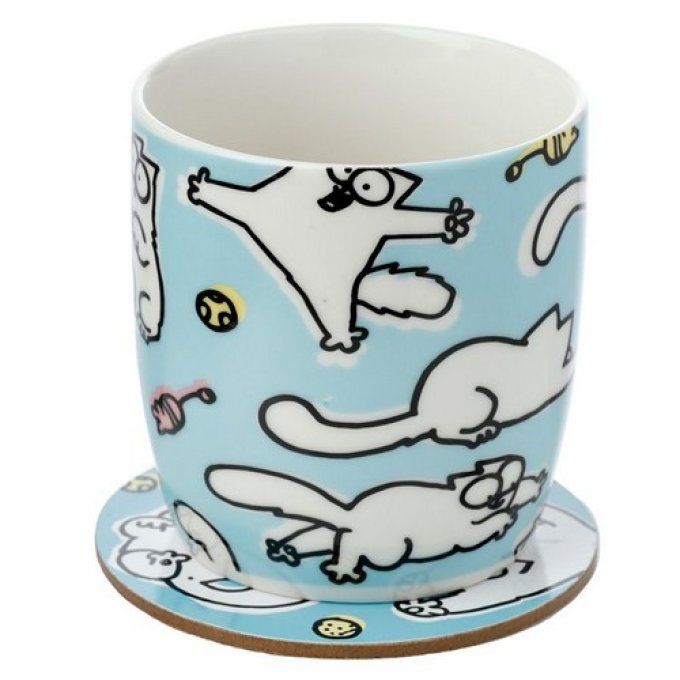 Mug et sous tasse chats simon's cat bleu et blanc.