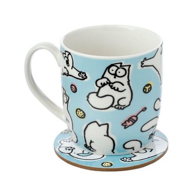 Mug et sous tasse chats simon's cat bleu et blanc.