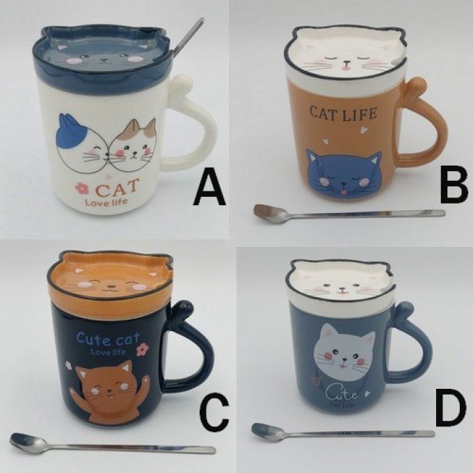 Tasse et son couvercle en tête de chat et sa cuillère.