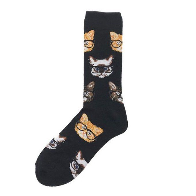 Chaussettes noires têtes de chats  intellos à lunettes.