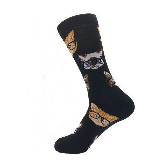 Chaussettes noires têtes de chats  intellos à lunettes.