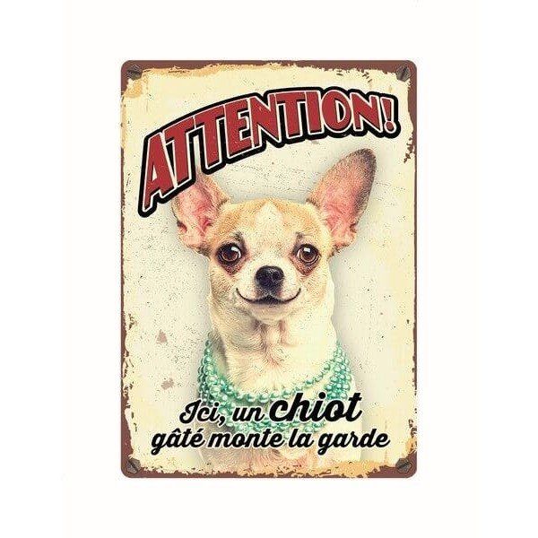 plaque chihuahua pancarte humour attention Chihuahua,Pancarte panneau métallique,15 cm x 20 cm rose 