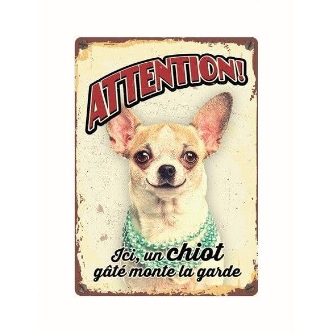 Plaque métal attention chien chihuahua