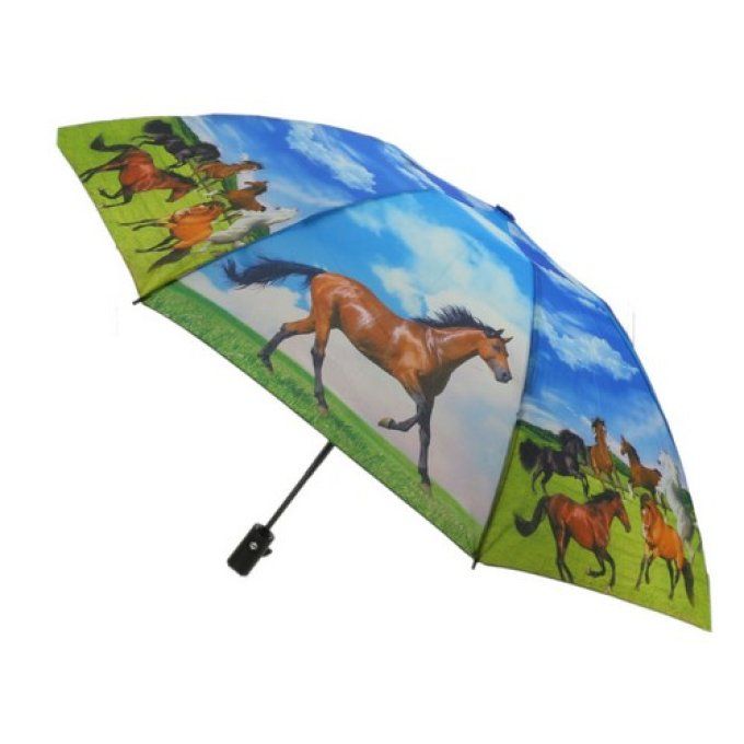 Parapluie pliant automatique motifs chevaux.