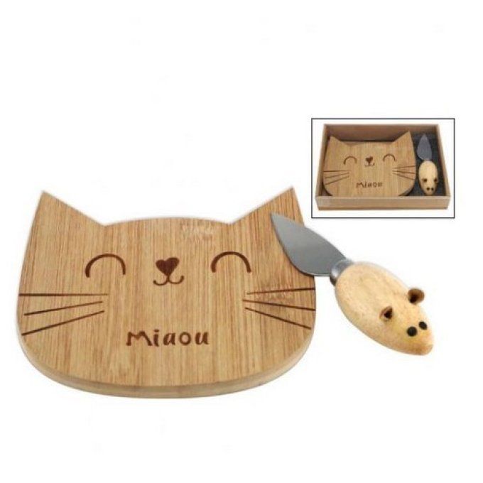 Petit plateau à fromage chat et souris en bois.