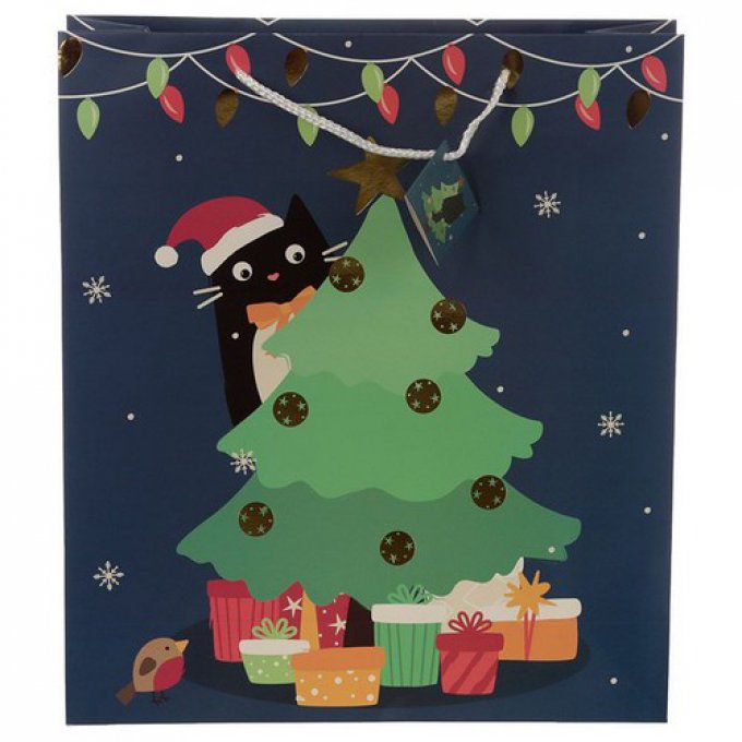 Sac cadeau de noël chat et sapin vert