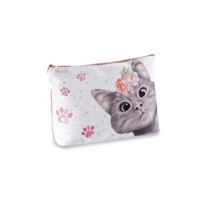 Pochette en tissu doux avec fermeture zippée et imprimé chat .