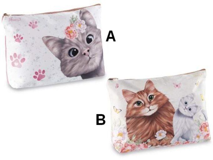 Pochette en tissu doux avec fermeture zippée et imprimé chat .