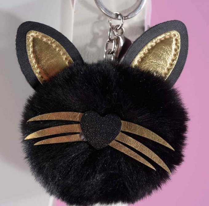 Porte-clé pompon tête de chat